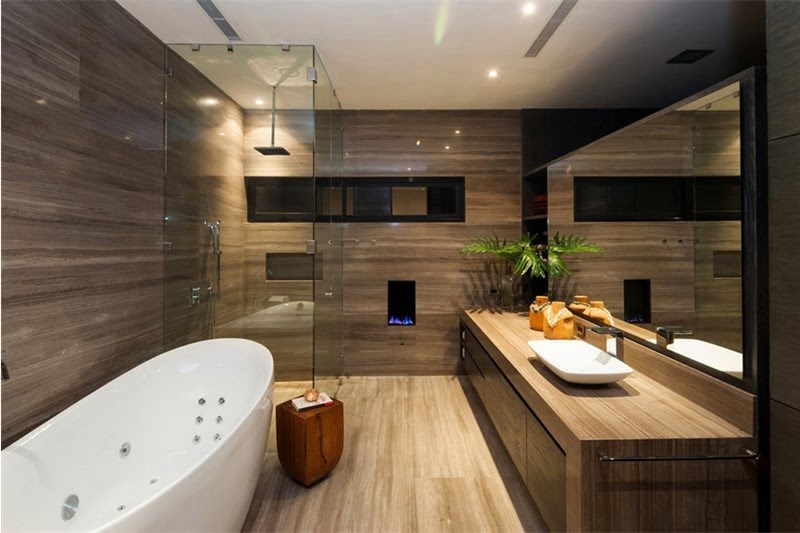 Интерьер ванной под дерево в современном стиле