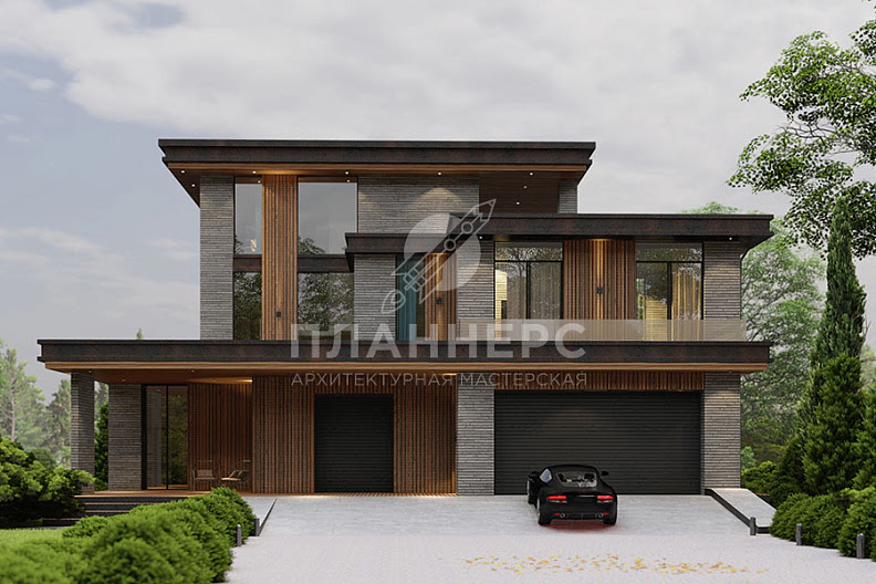 Проект трехэтажного ультрасовременного дома с большой площадью остекления, бассейном и гаражом