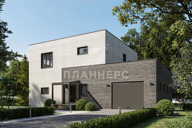 Проект дома кубической формы в стиле минимализм с пристроенным гаражом
