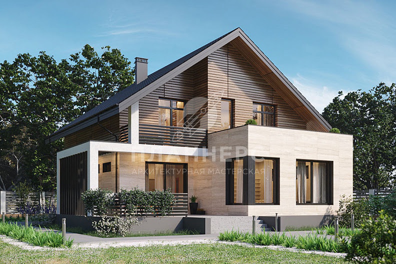Проект дома с мансардой в современном стиле, большой террасой и эргономичной планировкой фото