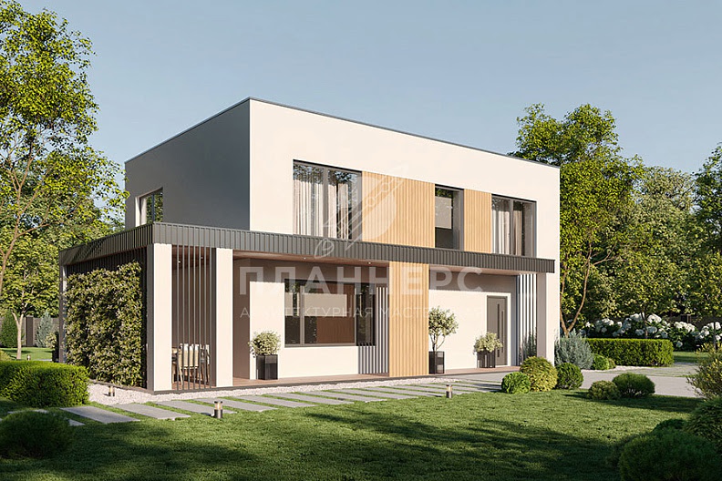 Проект дома с плоской крышей в минималистичном стиле с угловой террасой и парной фото