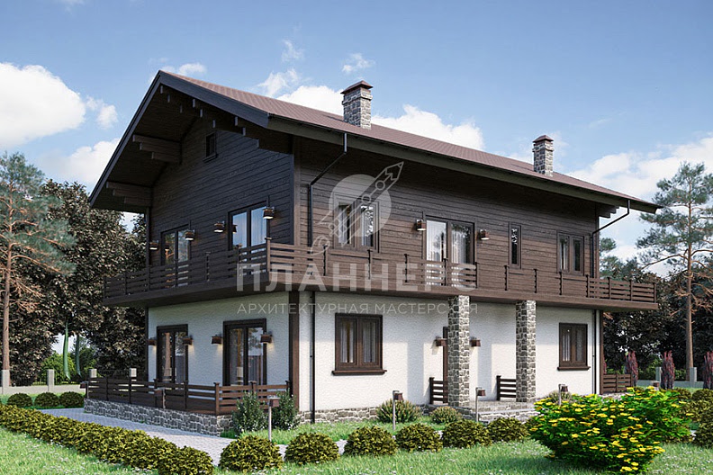 Проект дома в стиле шале с полноценными двумя этажами, большой террасой и балконом фото