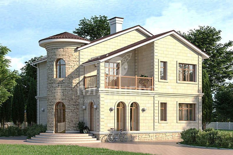 Проект двухэтажного дома с двухскатной крышей, эркером и большим балконом