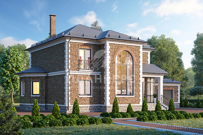 Проект двухэтажного дома в классическом стиле с эркером, колоннами, гаражом и продуманной планировкой фото