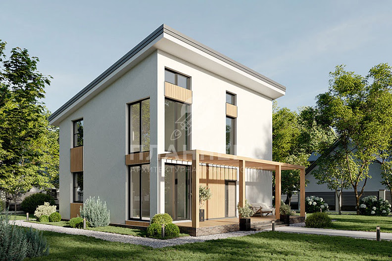 Проект двухэтажного дома в современном стиле с большой террасой и тремя спальными комнатами фото