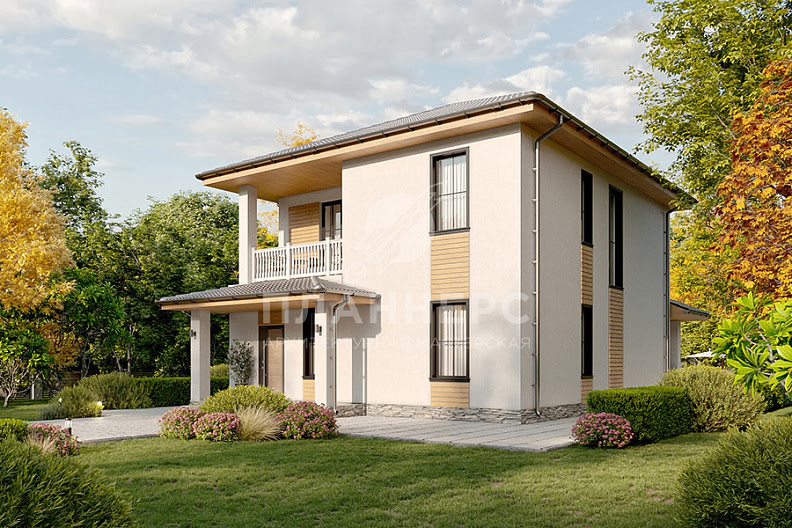 Проект классического двухэтажного дома с крыльцом, террасой и балконом фото