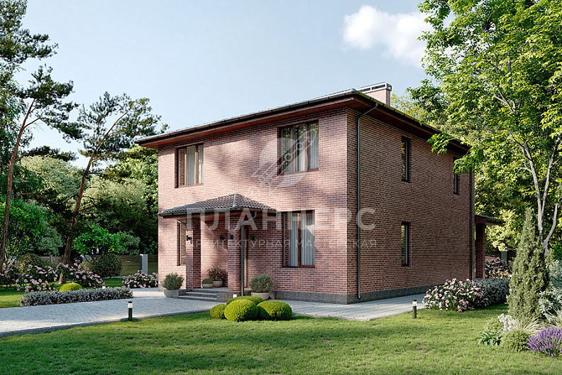 Проект классического двухэтажного дома с крыльцом, террасой и отделкой красным кирпичом