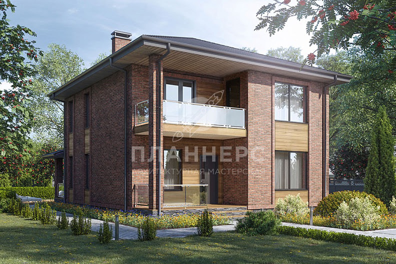 Проект компактного двухэтажного дома с большой террасой, балконом и отделкой облицовочным кирпичом