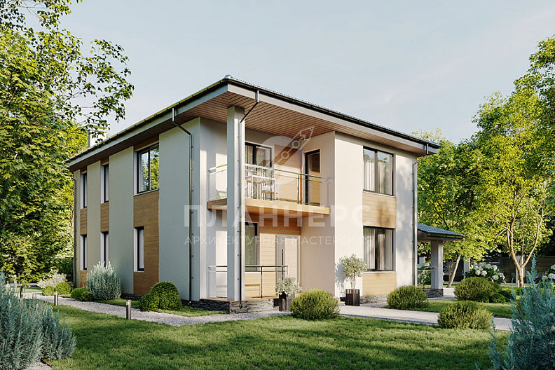 Проект просторного двухэтажного дома с угловым крыльцом и боковой террасой фото