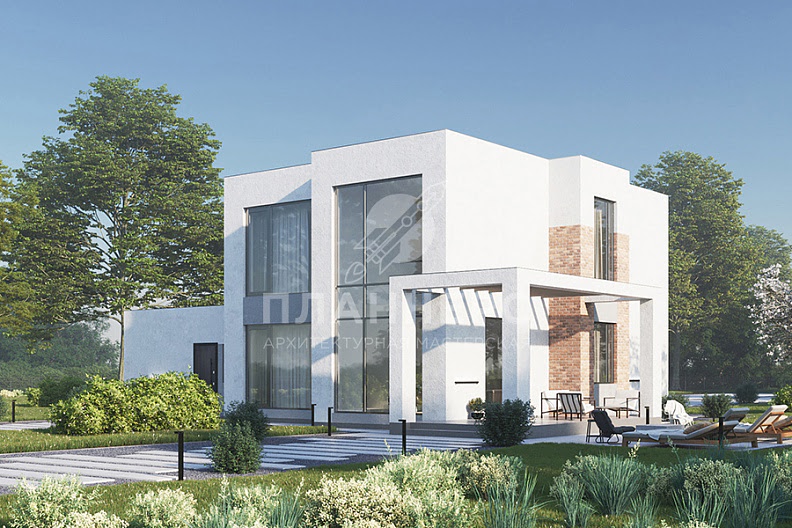 Проект современного дома кубической формы с пристроенным гаражом и большими окнами