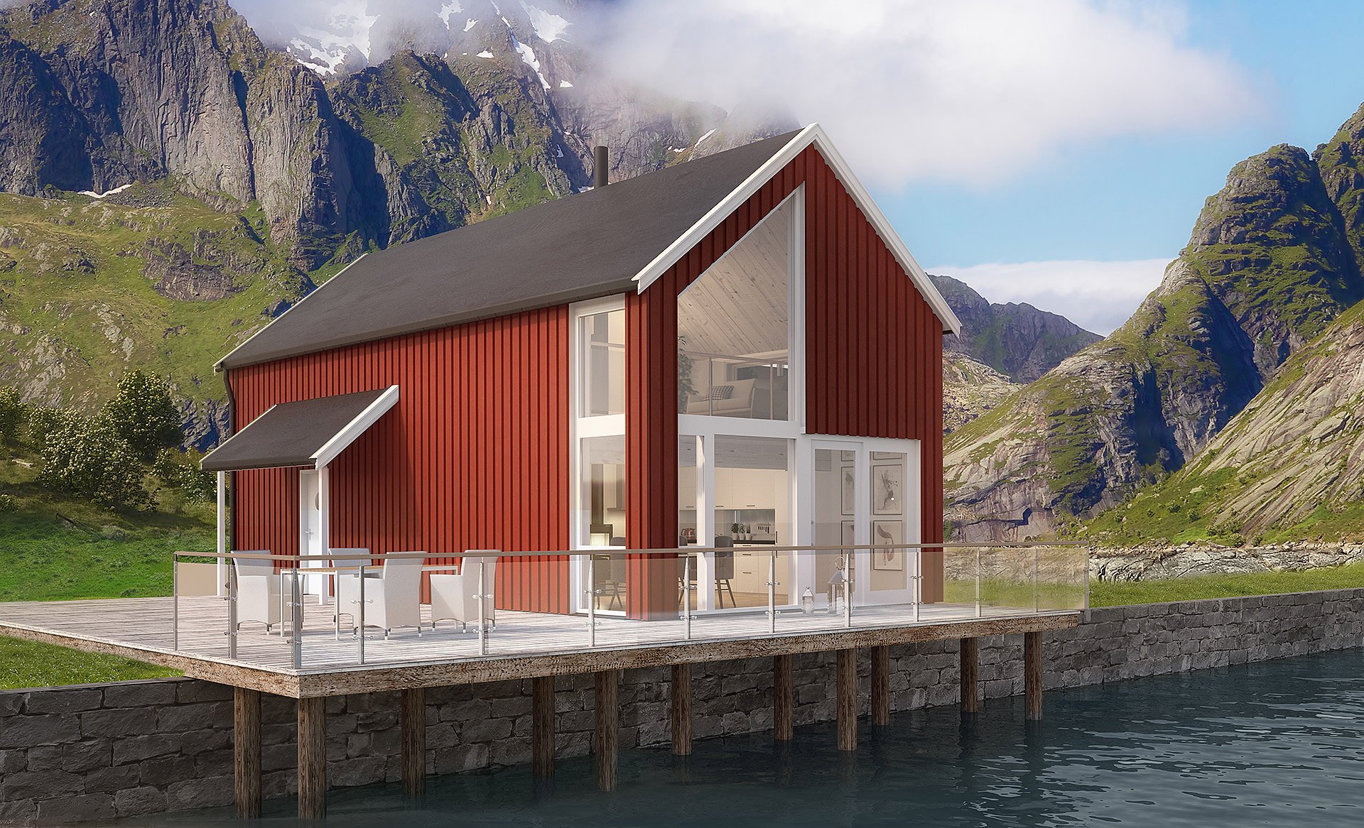 Дом с прозрачными стенами на солнечных скалистых берегах в Сандефьорде Норвегия фото