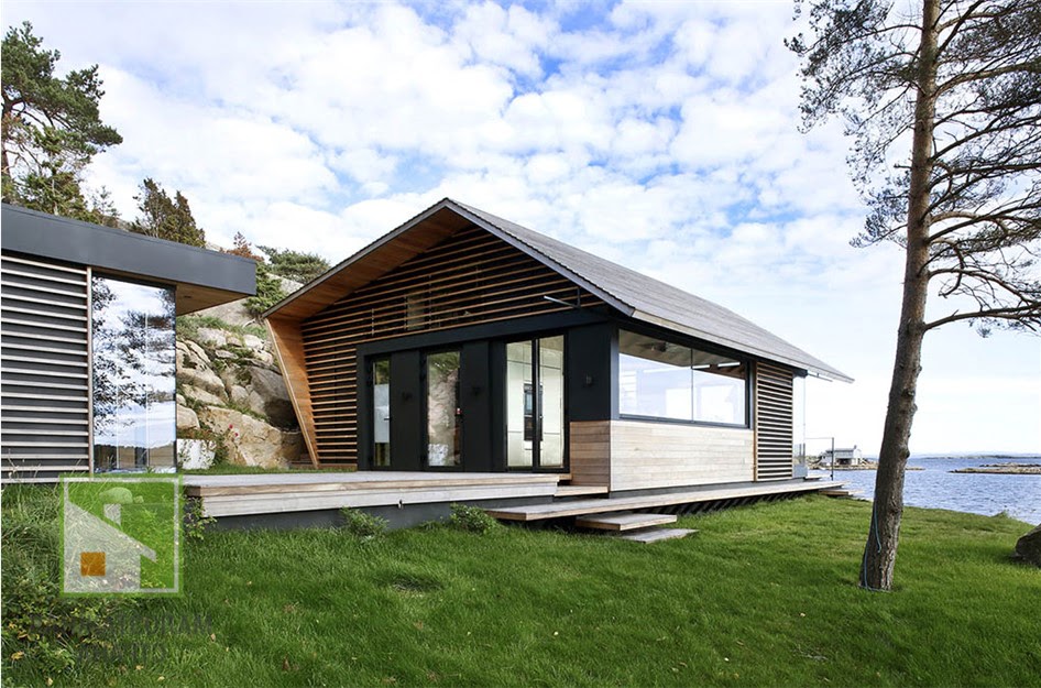 Современный домик с отделкой из кедра: коттедж на скалистом берегу от архитекторов студии Lund+Slaatto Architects фото